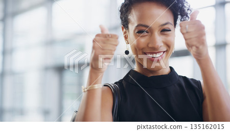 Business woman, face and thumbs up with smile, support and agreement, thank you and success in workplace. Emoji, hand gesture and female professional in portrait, mockup space and positive feedback Business woman, face and thumbs up with smile, support and agreement, thank you and success in workplace. Emoji, hand gesture and female professional in portrait, mockup space and positive feedback 135162015