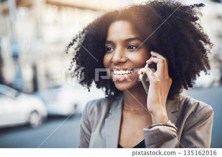 Happy woman, phone call and communication in city for conversation or networking outdoors. African female person talking on mobile smartphone with smile for fun discussion in street of an urban town Happy woman, phone call and communication in city for conversation or networking outdoors. African female person talking on mobile smartphone with smile for fun discussion in street of an urban town 135162016