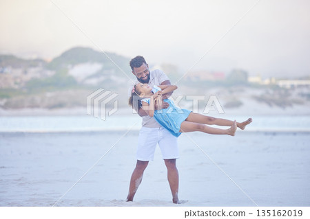 Love, beach or father playing with a child on fun holiday vacation together with happiness in summer. Smile, nature or playful dad swinging girl on family time with a happy young kid at sea in Mexico Love, beach or father playing with a child on fun holiday vacation together with happiness in summer. Smile, nature or playful dad swinging girl on family time with a happy young kid at sea in Mexico 135162019