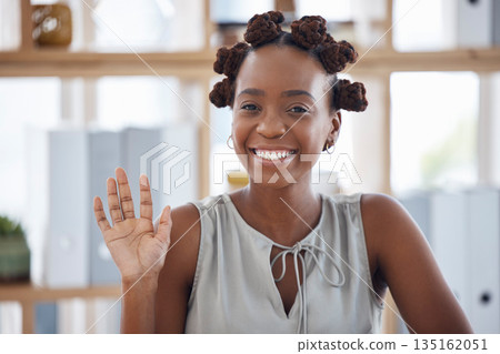 Portrait, smile and black woman waving, business and happiness with professional, entrepreneur and consultant. Face, female person and happy employee greeting, welcome and career with hello and agent 135162051