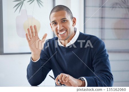 Happy, portrait of businessman wave his hand and smile at his modern workstation office. Welcome greeting or happiness, health wellness and cheerful or excited man with emoji hands at his workplace 135162060