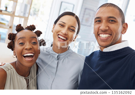 Business people, diversity and professional friends in selfie, happy in portrait with team, solidarity and motivation. About us, corporate group of women and man in the office with smile in picture Business people, diversity and professional friends in selfie, happy in portrait with team, solidarity and motivation. About us, corporate group of women and man in the office with smile in picture 135162092