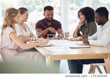 Documents, business meeting and people in creative startup, project management and review of company report. Diversity, group and manager talking to women, men to team in office planning of paperwork 135162094