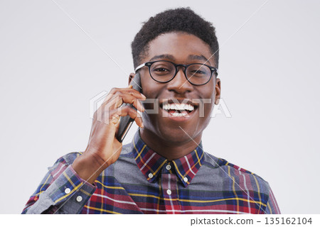 Phone call, happy and portrait of black man in studio for conversation, talking and funny chat. Communication mockup, white background and male person on smartphone for network, contact or connection 135162104