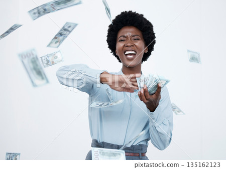 Rich, throwing money and woman with cash win in studio for investment, savings or wealth. Excited black person with bank notes in air for competition award, financial freedom or lottery bonus prize Rich, throwing money and woman with cash win in studio for investment, savings or wealth. Excited black person with bank notes in air for competition award, financial freedom or lottery bonus prize 135162123