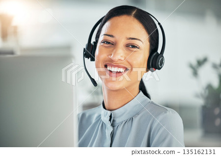 Call center, headset and portrait of a happy woman at computer for customer service or sales. Smile on face of consultant person at a pc for telemarketing, crm or help desk and contact us support Call center, headset and portrait of a happy woman at computer for customer service or sales. Smile on face of consultant person at a pc for telemarketing, crm or help desk and contact us support 135162131
