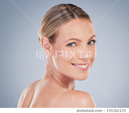 Beauty, skincare and makeup with portrait of woman in studio for facial, cosmetics and natural. Self care, wellness and mockup with face of model on grey background for glow, happiness and collagen 135162135