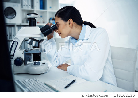 Microscope, science and woman in laboratory for medicine research, analysis and dna testing. Healthcare, biotechnology and female chemist with medical equipment for study, sample and examine virus Microscope, science and woman in laboratory for medicine research, analysis and dna testing. Healthcare, biotechnology and female chemist with medical equipment for study, sample and examine virus 135162139