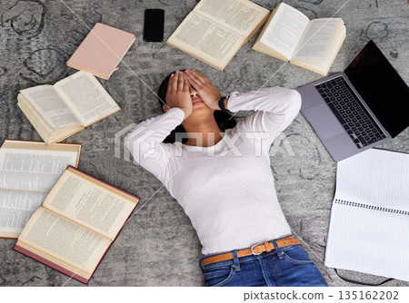 Study anxiety, fatigue and woman student on ground with textbook for test feeling overworked. Stress, female person and home studying for university exam and course with laptop for elearning online 135162202