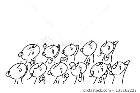 People cheering and getting excited at an event, spectators, crowd, monochrome line drawing 135162222