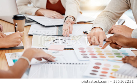 Meeting, color palette and people hands in creative project, brand development and teamwork with documents review. Ideas, brainstorming and graphic designer, agency or person for choice and decision 135162231