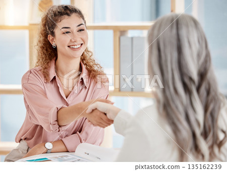 Handshake, meeting and business woman in creative agency partnership, thank you and b2b success. People, clients or partner shaking hands for design deal, thanks and agreement or project onboarding Handshake, meeting and business woman in creative agency partnership, thank you and b2b success. People, clients or partner shaking hands for design deal, thanks and agreement or project onboarding 135162239