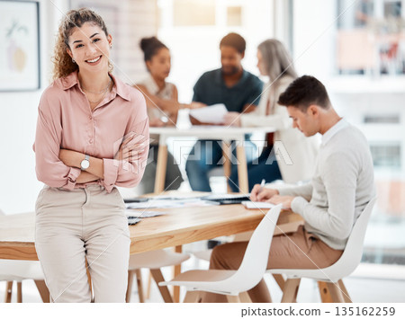 Portrait, workspace and business woman arms crossed for career leadership, employees management and confidence. Happy manager or person in startup company, creative workplace and design team leader Portrait, workspace and business woman arms crossed for career leadership, employees management and confidence. Happy manager or person in startup company, creative workplace and design team leader 135162259