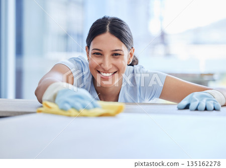 Cloth, tablet and portrait of happy woman cleaning apartment, home our house for dirt or bacteria. Hygiene, dust and product with face of person for furniture maintenance or shine in living room Cloth, tablet and portrait of happy woman cleaning apartment, home our house for dirt or bacteria. Hygiene, dust and product with face of person for furniture maintenance or shine in living room 135162278
