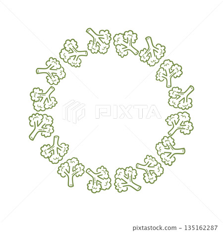 Cute broccoli wreath frame in hand drawn outline style. 135162287
