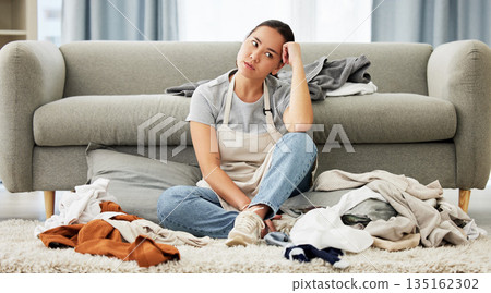 Woman, cleaning and bored with chaos, home and floor with housekeeping, domestic cleaner and tired. Female person, lady or maid in the living room, laundry and exhausted with fatigue and messy lounge Woman, cleaning and bored with chaos, home and floor with housekeeping, domestic cleaner and tired. Female person, lady or maid in the living room, laundry and exhausted with fatigue and messy lounge 135162302