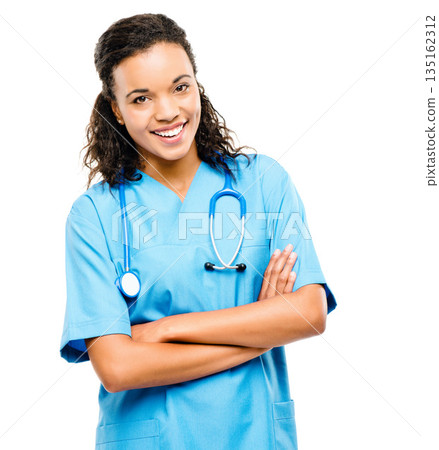 Arms crossed, portrait and a woman with healthcare pride isolated on a white background in a studio. Happy, doctor or a female nurse with confidence and smile for medical career or nursing service 135162312