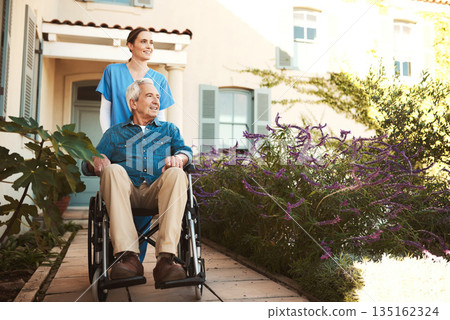 Senior man, nurse and wheelchair for walk, relax or healthcare support in garden at nursing home. Happy elderly male and woman caregiver walking patient with a disability or retirement in nature Senior man, nurse and wheelchair for walk, relax or healthcare support in garden at nursing home. Happy elderly male and woman caregiver walking patient with a disability or retirement in nature 135162324