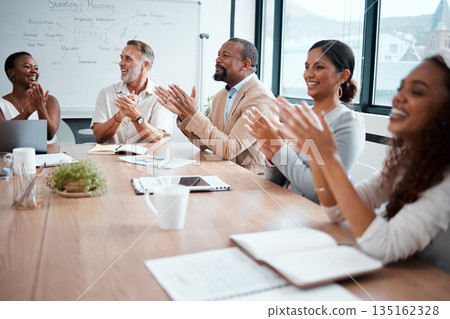 Business people, applause and meeting of audience in presentation or team seminar at the office. Happy group of employees clapping in conference for teamwork, support or motivation at the workplace 135162328