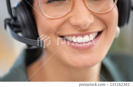 Call center, mouth and happy woman, consultant or advisor talking, virtual communication or technical support. Insurance agent, headphones or mic of person speaking or helping in customer service job 135162361