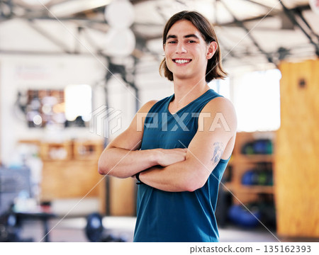 Coach, portrait and man with arms crossed in gym ready to start training, workout or exercise for health and wellness. Fitness, face and smile of confident athlete or personal trainer from Canada. Coach, portrait and man with arms crossed in gym ready to start training, workout or exercise for health and wellness. Fitness, face and smile of confident athlete or personal trainer from Canada. 135162393