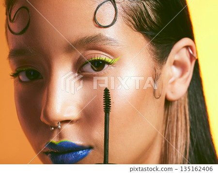Makeup, art and portrait of woman with mascara for aesthetic, eye shadow and beauty products. Creative, cosmetology and face of female person with brush for glamour, volume and lashes length Makeup, art and portrait of woman with mascara for aesthetic, eye shadow and beauty products. Creative, cosmetology and face of female person with brush for glamour, volume and lashes length 135162406