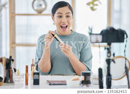 Makeup influencer, beauty and excited woman streaming tutorial for cosmetics, social media or skincare. Review, live stream and content creator girl with smile, broadcast and skin care channel Makeup influencer, beauty and excited woman streaming tutorial for cosmetics, social media or skincare. Review, live stream and content creator girl with smile, broadcast and skin care channel 135162411