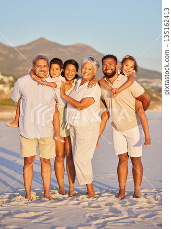 Big family, smile or portrait of happy kids at sea with grandparents on holiday vacation together. Dad, mom or children siblings love bonding or smiling with grandmother or grandfather on beach sand Big family, smile or portrait of happy kids at sea with grandparents on holiday vacation together. Dad, mom or children siblings love bonding or smiling with grandmother or grandfather on beach sand 135162413