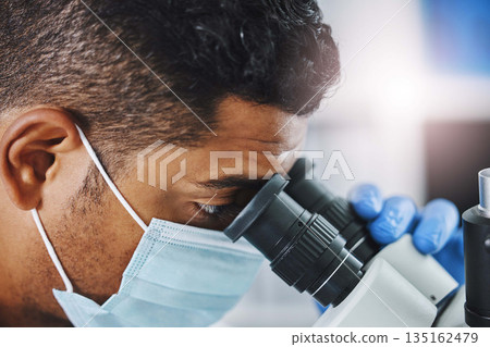 Science, laboratory and man with microscope for research, medical analysis and lab test for sample. Healthcare, biotechnology and face of male scientist with equipment for virus, experiment and exam 135162479