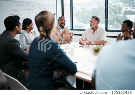 Business people, coaching and meeting for strategy, brainstorming or planning at office workshop. Group of employees in team discussion, collaboration or project management in conference at workplace 135162486
