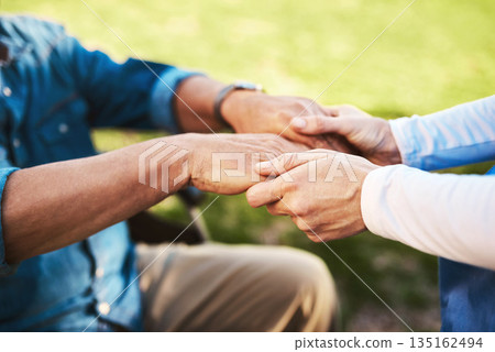 Senior, nurse and holding hands in wheelchair for elderly support, healthcare or life insurance in nature. Hand of caregiver helping male patient or person with a disability outside nursing home Senior, nurse and holding hands in wheelchair for elderly support, healthcare or life insurance in nature. Hand of caregiver helping male patient or person with a disability outside nursing home 135162494