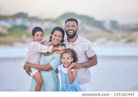 Happy family, parents or portrait of children on beach to travel with a smile, joy or love on holiday vacation. Mom, siblings or father with kids for tourism in Mexico with happiness bonding together Happy family, parents or portrait of children on beach to travel with a smile, joy or love on holiday vacation. Mom, siblings or father with kids for tourism in Mexico with happiness bonding together 135162497