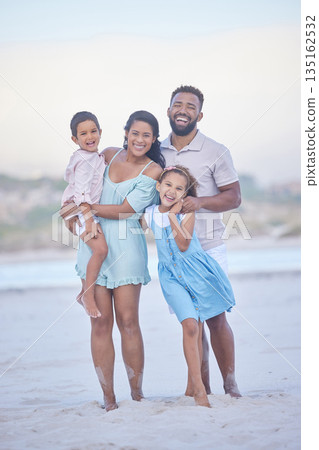Family, parents or portrait of happy kids at sea to travel with joy, smile or love on holiday vacation. Mom, beach or father smiling with children in Mexico with happiness bonding or walking together Family, parents or portrait of happy kids at sea to travel with joy, smile or love on holiday vacation. Mom, beach or father smiling with children in Mexico with happiness bonding or walking together 135162532