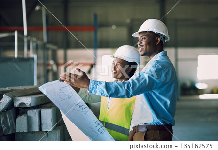 Black people, architect and blueprint for project management in construction, planning or teamwork on site. African man and woman contractor with floor plan and documents for industrial architecture 135162575