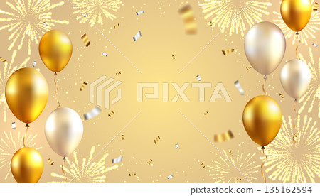 Golden fireworks and balloons illustration background 135162594