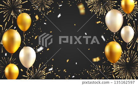 黑色背景上的金色煙火和氣球閃閃發光——奢華的慶祝背景 135162597