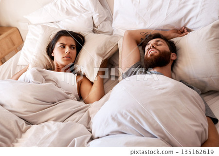 Bedroom, snore and couple sleep, frustrated and woman angry over snoring, problem and morning noise. Sleeping, home insomnia and relax girl with fatigue, tired and sleepless in apartment bed 135162619