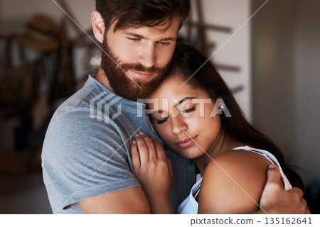 Love, marriage support and couple hug for relationship security, empathy and safety care in home apartment lounge. Intimacy, commitment and romantic man, woman or people hugging with sweet affection Love, marriage support and couple hug for relationship security, empathy and safety care in home apartment lounge. Intimacy, commitment and romantic man, woman or people hugging with sweet affection 135162641