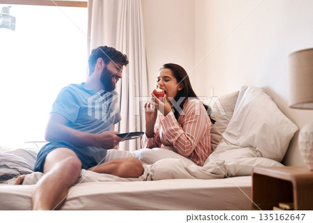 Couple, bedroom and eating birthday cupcake, surprise candy dessert or celebration sweets on Italy holiday. Breakfast muffin, morning food or woman hungry, relax and celebrate special day on home bed Couple, bedroom and eating birthday cupcake, surprise candy dessert or celebration sweets on Italy holiday. Breakfast muffin, morning food or woman hungry, relax and celebrate special day on home bed 135162647