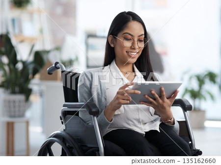 Email, reading and woman with a disability and a tablet for communication and graphic design. Smile, creative and a website designer in a wheelchair with technology for web and software analysis Email, reading and woman with a disability and a tablet for communication and graphic design. Smile, creative and a website designer in a wheelchair with technology for web and software analysis 135162660