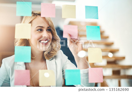 Woman, smile and brainstorming with sticky note for timeline, goals and process of solution at glass window. Face of happy worker planning schedule, ideas and mindmap of vision, objectives and target 135162690
