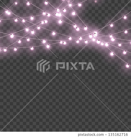 Christmas Pink Crossed Glowing String Lights Border on Transparent Background. Vector 135162716