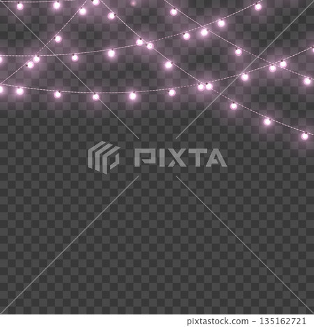 Christmas Pink Crossed Glowing String Lights Border on Transparent Background. Vector Christmas Pink Crossed Glowing String Lights Border on Transparent Background. Vector 135162721