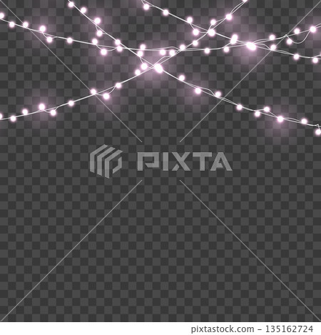 Christmas Pink Crossed Glowing String Lights Border on Transparent Background. Vector 135162724