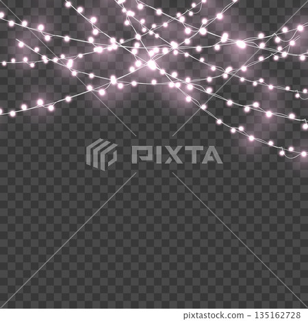 Christmas Pink Crossed Glowing String Lights Border on Transparent Background. Vector Christmas Pink Crossed Glowing String Lights Border on Transparent Background. Vector 135162728