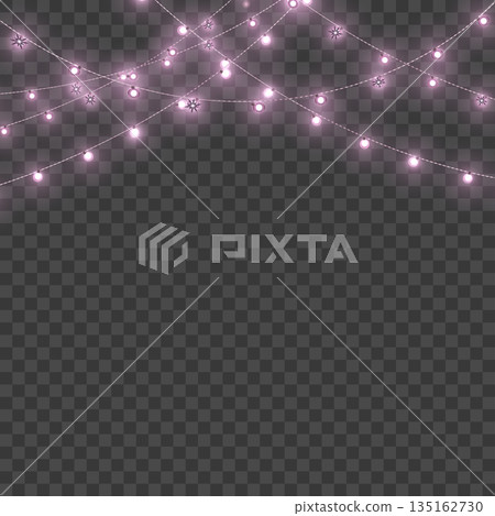 Christmas Pink Crossed Glowing String Lights Border on Transparent Background. Vector 135162730