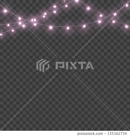 Christmas Pink Crossed Glowing String Lights Border on Transparent Background. Vector 135162734
