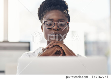 Thinking, decision and business woman on computer for solution, research and serious, focus or job planning. Reading, review and choice of african person or analyst on laptop for data problem solving Thinking, decision and business woman on computer for solution, research and serious, focus or job planning. Reading, review and choice of african person or analyst on laptop for data problem solving 135162741