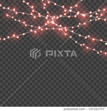 Christmas Red Glowing Crossed String Lights Border on Transparent Background. Vector 135162747