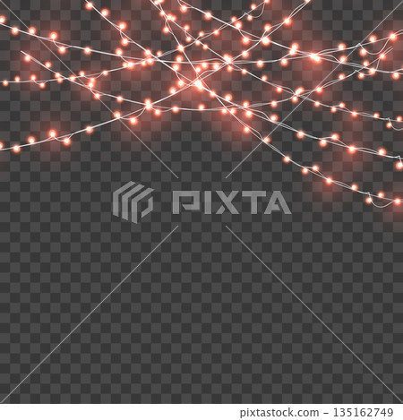 Christmas Red Glowing Crossed String Lights Border on Transparent Background. Vector 135162749
